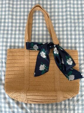 Draper James Tan Woven Tote with Navy Floral Scarf
